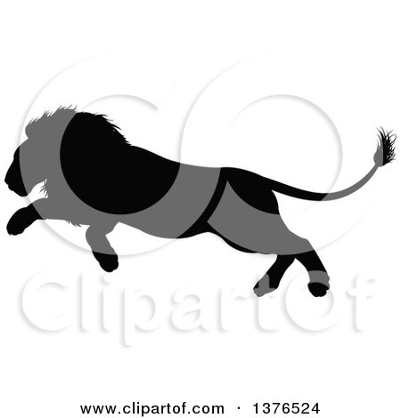 Clipart of a Black Silhouetted Male Lion Running - Royalty Free Vector Illustration by AtStockIllustration