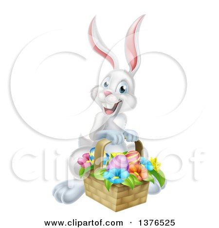 Clipart of a Happy White Easter Bunny Rabbit with a Basket of Eggs and Flowers - Royalty Free Vector Illustration by AtStockIllustration