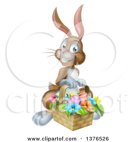 Clipart of a Happy Brown Easter Bunny Rabbit with a Basket of Eggs and Flowers - Royalty Free Vector Illustration by AtStockIllustration