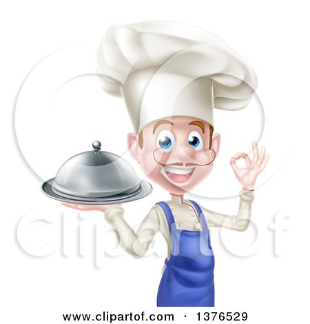 Clipart of a Happy Young White Male Chef with a Mustache, Gesturing Ok and Holding a Cloche Platter - Royalty Free Vector Illustration by AtStockIllustration