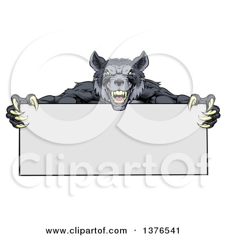 Clipart of a Snarling Gray Wolf Mascot with Claws, Holding a Blank Sign - Royalty Free Vector Illustration by AtStockIllustration