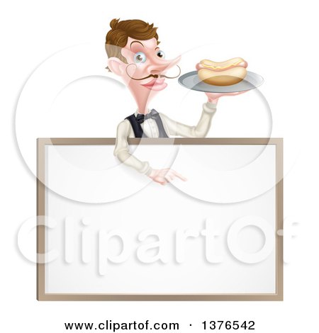 Clipart of a Cartoon Caucasian Male Waiter with a Curling Mustache, Holding a Hot Dog on a Tray and Pointing down over a Blank White Menu Sign Board - Royalty Free Vector Illustration by AtStockIllustration