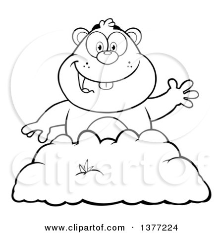 Clipart of a Cartoon Black and White Groundhog Emerging from His Den and Waving - Royalty Free Vector Illustration by Hit Toon
