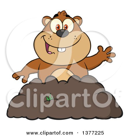 Clipart of a Cartoon Groundhog Emerging from His Den and Waving - Royalty Free Vector Illustration by Hit Toon