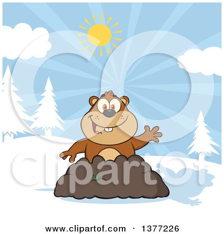 Clipart of a Cartoon Groundhog Emerging from His Den and Waving, with a Shadow - Royalty Free Vector Illustration by Hit Toon