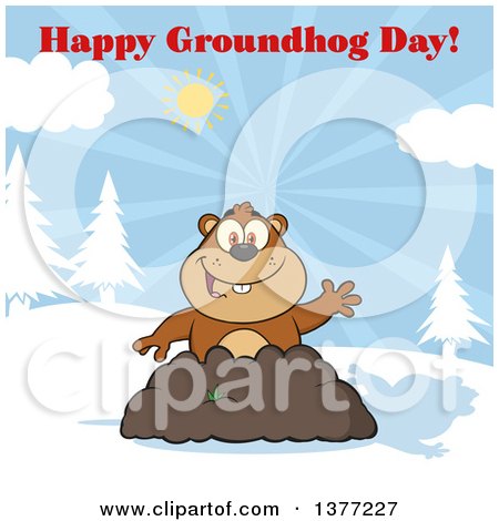 Clipart of a Cartoon Groundhog Emerging from His Den and Waving, with a Shadow Under Text - Royalty Free Vector Illustration by Hit Toon