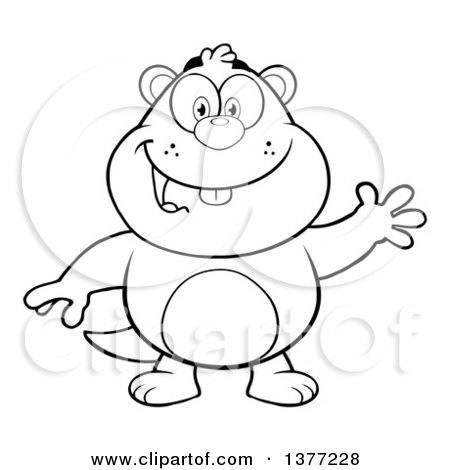 Clipart of a Cartoon Black and White Groundhog Waving - Royalty Free Vector Illustration by Hit Toon