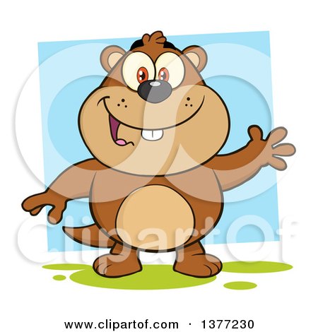 Clipart of a Cartoon Groundhog Waving over a Blue Square - Royalty Free Vector Illustration by Hit Toon