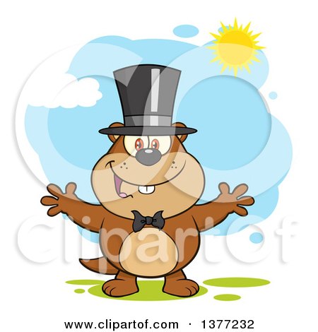 Clipart of a Cartoon Groundhog Wearing a Hat and Welcoming Under Sunshine - Royalty Free Vector Illustration by Hit Toon