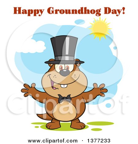 Clipart of a Cartoon Groundhog Wearing a Hat and Welcoming with Text and Sunshine - Royalty Free Vector Illustration by Hit Toon
