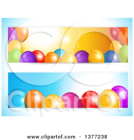 Clipart of Party Banners with 3d Colorful Balloons and Text Space, on a Gradient Blue Background - Royalty Free Vector Illustration by elaineitalia