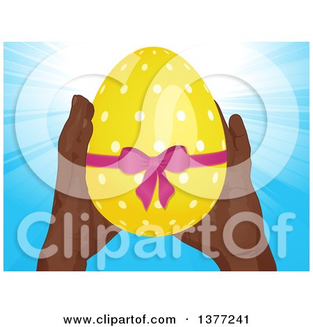 Clipart of a Pair of Black Hands Holding up a 3d Yellow Polka Dot Easter Egg with a Pink Bow - Royalty Free Vector Illustration by elaineitalia