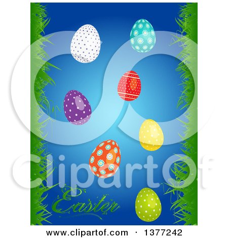 Clipart of 3d Shiny Patterned Easter Eggs over Blue, with Text and Borders of Grass - Royalty Free Vector Illustration by elaineitalia
