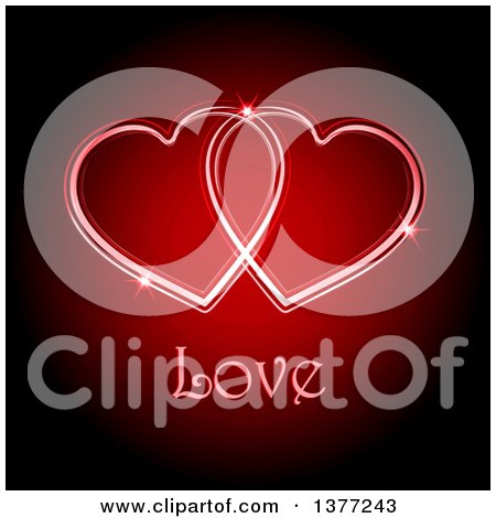 Clipart of Two Interlocked Glowing Red Valentine Hearts over Love Text - Royalty Free Vector Illustration by elaineitalia