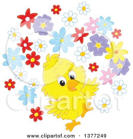 Clipart of a Happy Baby Yellow Spring Chick with Flowers - Royalty Free Vector Illustration by Alex Bannykh