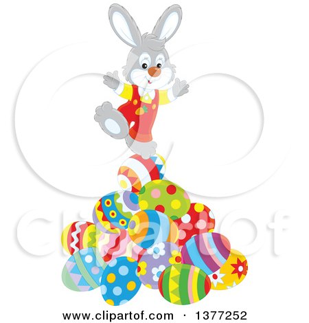 Clipart of a Gray Easter Bunny Balancing on a Pile of Decorated Eggs - Royalty Free Vector Illustration by Alex Bannykh