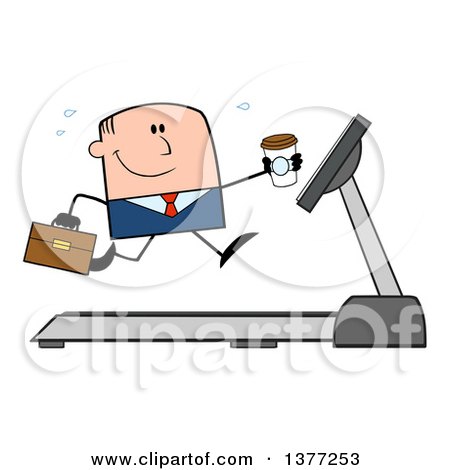 Clipart of a Cartoon White Business Man Holding a Coffee and Running on a Treadmill - Royalty Free Vector Illustration by Hit Toon