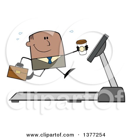 Clipart of a Cartoon Black Business Man Holding a Coffee and Running on a Treadmill - Royalty Free Vector Illustration by Hit Toon