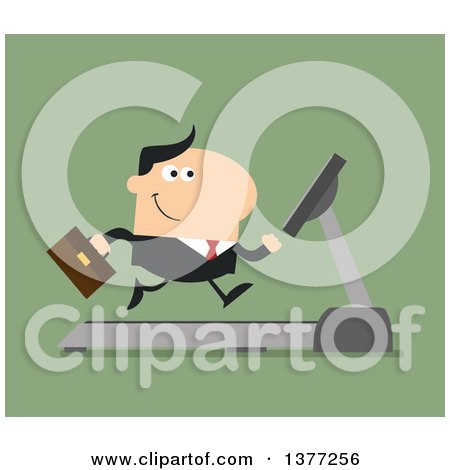 Clipart of a Flat Design White Business Man Running on a Treadmill over Green - Royalty Free Vector Illustration by Hit Toon