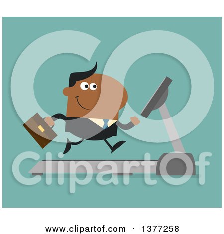 Clipart of a Flat Design Black Business Man Running on a Treadmill over Turquoise - Royalty Free Vector Illustration by Hit Toon
