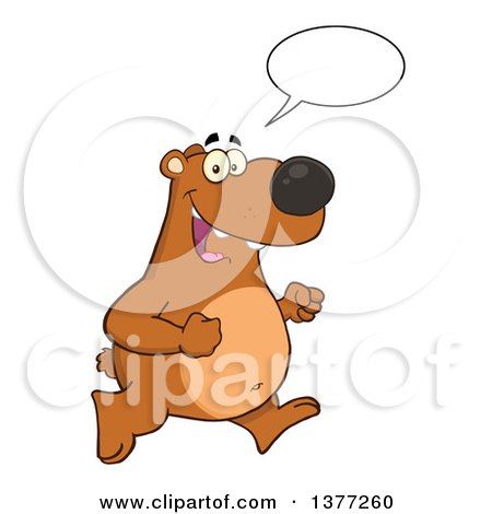 Clipart of a Cartoon Happy Brown Bear Talking and Running Upright - Royalty Free Vector Illustration by Hit Toon