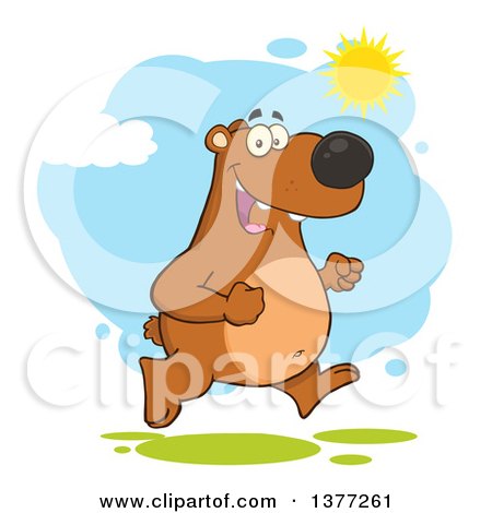 Clipart of a Cartoon Happy Brown Bear Running Upright on a Sunny Day - Royalty Free Vector Illustration by Hit Toon