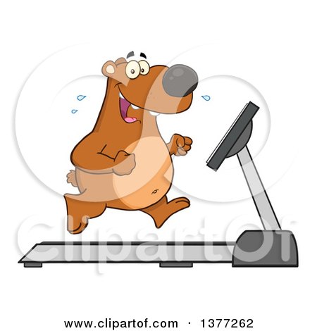 Clipart of a Cartoon Happy Brown Bear Running Upright on a Treadmill - Royalty Free Vector Illustration by Hit Toon