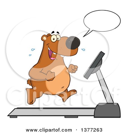 Clipart of a Cartoon Happy Brown Bear Talking and Running Upright on a Treadmill - Royalty Free Vector Illustration by Hit Toon