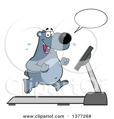 Clipart of a Cartoon Happy Bear Talking and Running Upright on a Treadmill - Royalty Free Vector Illustration by Hit Toon
