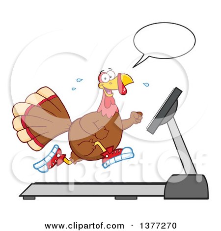 Clipart of a Thanksgiving Turkey Bird Talking and Running in Sneakers on a Treadmill - Royalty Free Vector Illustration by Hit Toon
