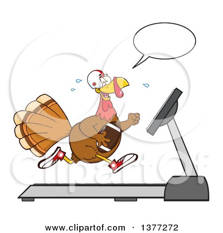 Clipart of a Cartoon Thanksgiving Turkey Bird Super Bowl Football Player Talking and Running on a Treadmill - Royalty Free Vector Illustration by Hit Toon