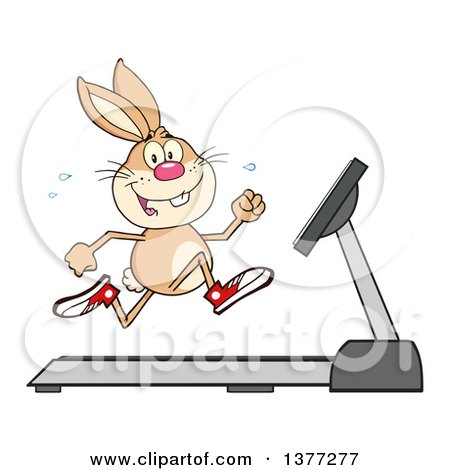 Clipart of a Happy Brown Rabbit Running on a Treadmill - Royalty Free Vector Illustration by Hit Toon