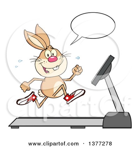 Clipart of a Happy Brown Rabbit Talking and Running on a Treadmill - Royalty Free Vector Illustration by Hit Toon