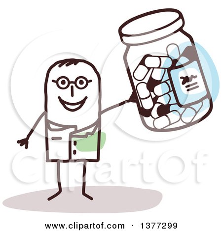 Clipart of a Stick Male Doctor or Pharmacist Holding up a Pill Bottle - Royalty Free Vector Illustration by NL shop