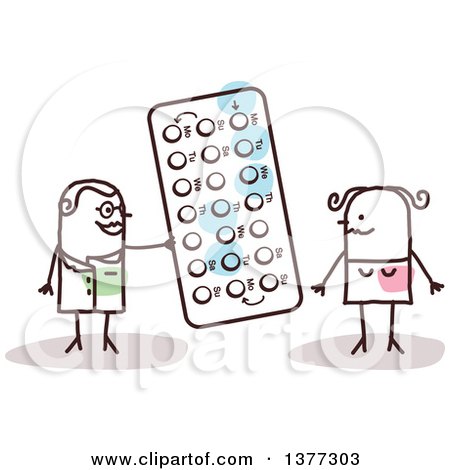 Clipart of a Stick Female Doctor and Patient Discussing Oral Contraceptive Pills - Royalty Free Vector Illustration by NL shop