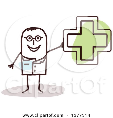 Clipart of a Stick Male Naturopathic Doctor Holding a Green Cross - Royalty Free Vector Illustration by NL shop