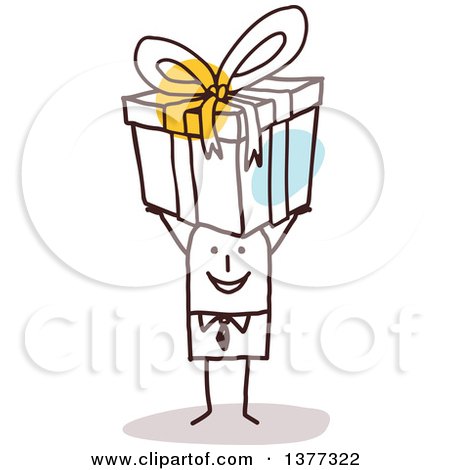 Clipart of a Stick Business Man Holding a Gift over His Head - Royalty Free Vector Illustration by NL shop