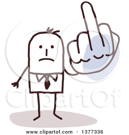 Clipart of a Stick Business Man Holding up a Middle Finger on a Big Hand - Royalty Free Vector Illustration by NL shop