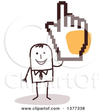 Clipart of a Stick Business Man Holding up a Big Cursor Hand - Royalty Free Vector Illustration by NL shop