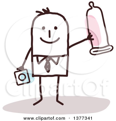 Clipart of a Stick Business Man Holding a Condom and Packaging - Royalty Free Vector Illustration by NL shop