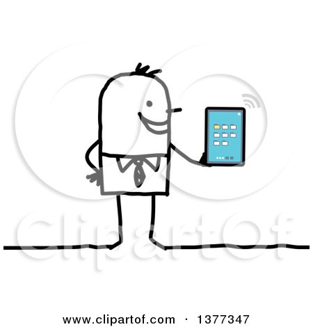 Clipart of a Stick Business Man Holding a Tablet Connected to Wifi - Royalty Free Vector Illustration by NL shop