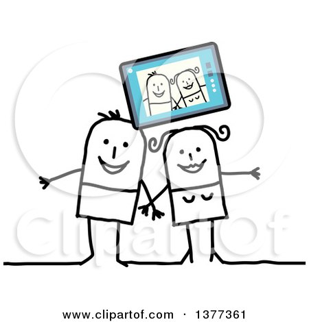 Clipart of a Stick Man and Woman Posing Under a Selfie on a Tablet Computer - Royalty Free Vector Illustration by NL shop