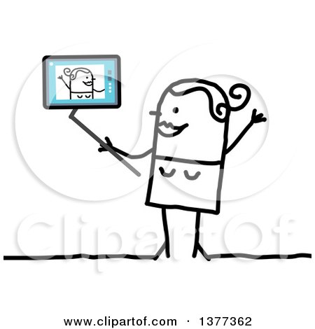 Clipart of a Stick Woman Using a Tablet Computer to Take a Selfie - Royalty Free Vector Illustration by NL shop