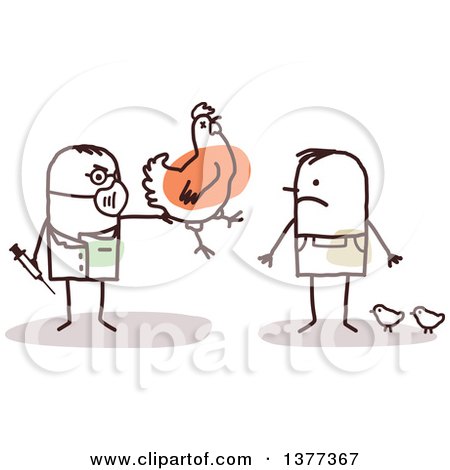 Clipart of a Male Stick Veterinarian Vaccinating a Man's Chickens - Royalty Free Vector Illustration by NL shop