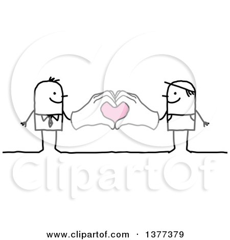 Clipart of a Stick Gay Couple Holding Big Hands Together and Forming a Heart - Royalty Free Vector Illustration by NL shop
