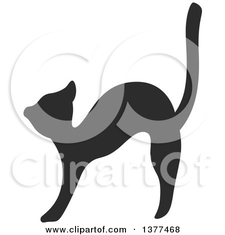 Clipart of a Black Silhouetted Cat Stretching - Royalty Free Vector Illustration by Cherie Reve