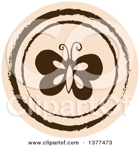 Clipart of a Distressed Round Tan Butterfly Spring Time Icon - Royalty Free Vector Illustration by Cherie Reve