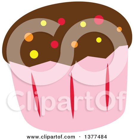 Clipart of a Cupcake in a Pink Wrapper, with Chocolate Frosting and Colorful Sprinkles - Royalty Free Vector Illustration by Cherie Reve