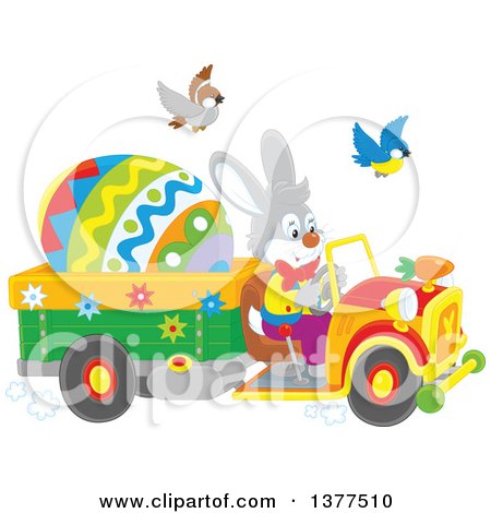 Clipart of a Happy Easter Bunny Rabbit Driving a Truck with a Giant Egg - Royalty Free Vector Illustration by Alex Bannykh