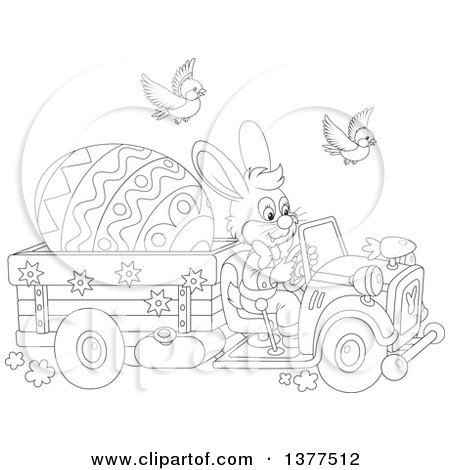 Clipart of a Black and White Easter Bunny Rabbit Driving a Truck with a Giant Egg - Royalty Free Vector Illustration by Alex Bannykh